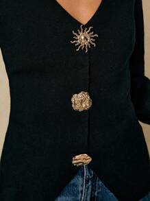 Poéselle 女式金属纽扣开襟羊毛衫，优雅黑色羊毛衫，黑色毛衣，女式毛衣，齐腰毛衣女式休闲纽扣装饰长袖 V 领毛衣黑色羊毛衫女式黑色羊毛衫纽扣羊毛衫女式黑色羊毛衫黑色 V 领羊毛衫保暖秋季女式冬季女式冬季夹克女式秋冬返校外出基本款 - 黑色 - 查看 7