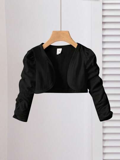 SHEIN LMoss 女童单件褶皱袖开襟短款外套，舒适百搭，适合春、夏三季穿着，适合4-7岁儿童，是外出、上学、居家、度假和旅行的理想之选。非常适合休闲日常穿着，也可与姐妹或母女搭配。女童短款开衫，黑色披肩，黑色开衫，女童短款开衫，冬季款