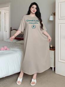 Dazy Plus Plus Size Round Neck Letter Print Loose Straight Nightgown Style Long Tee, For Home Use In Summer Pajama - Apricot - View 5