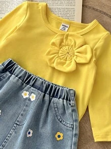 SHEIN Playful Pals 女婴春秋时尚街头风格可爱两件套：黄色长袖花朵装饰上衣和印花牛仔 A 字裙，适合日常穿着、拍照和旅行 - 彩色 - 查看 8