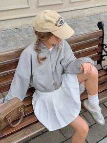 Tween Girl Solid Color Drop Shoulder Long Sleeve Zip Placket Casual Sweatshirt Fall Winter - Grey - View 10