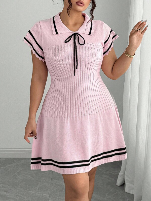 Elenzga Plus Size Knitted Fashion Commuting Campus Navy Style Color Block Polo Collar Flutter Sleeve Soft Bowknot Waist Cinch Knitted Dress For Women
