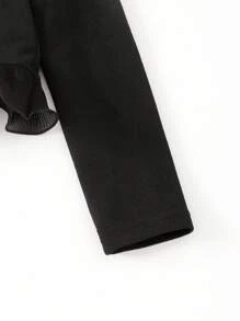 Tween Girl Elegant Solid Color Puff Sleeve Ruffle Trim Jacket Fall Winter - Black - View 5