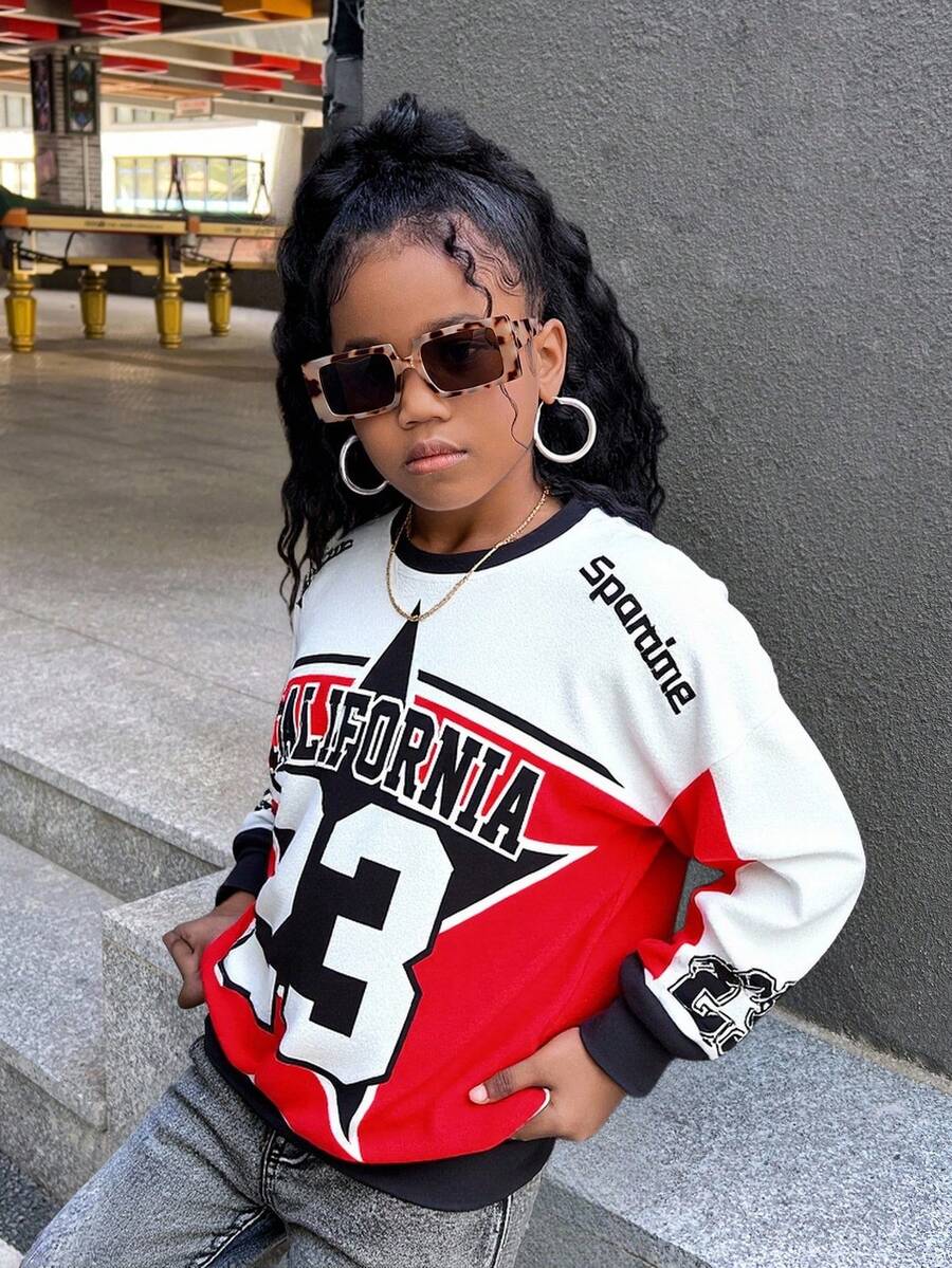 SHEIN Áo nỉ dài tay in chữ, kiểu dáng thường ngày, phong cách đường phố cho bé gái tuổi teen, áo nỉ dài tay phong cách đường phố California cho trẻ em, phong cách Y2K. - Đỏ - Xem 1