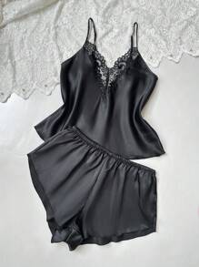 SilkySpell 2pcs Women Sexy Deep V Camisole Top, Hot Shorts, Elegant Satin Pajama Set, Suitable For All Seasons Black Satin Pajama Set Satin Sleepwear Set Lace Trim Pajama Set - Black - View 3