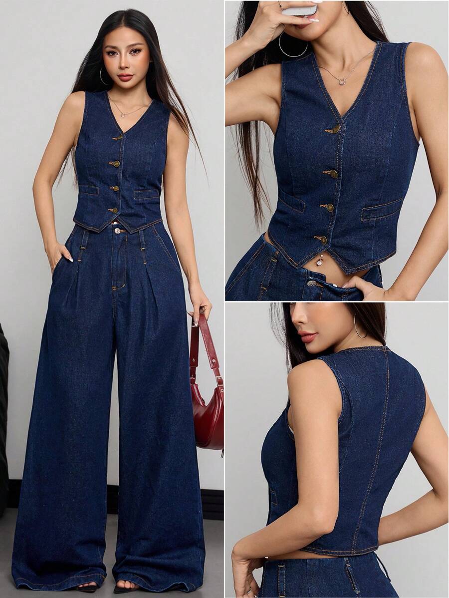 SHEIN EZwear Áo vest denim giản dị cho nữ - Màu xanh lam - Xem 1