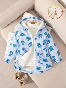 1件装 女童秋冬可爱卡通印花抽绳连帽拉链休闲保暖外套 女童冬季外套 儿童外套 女童抓绒外套 女童保暖外套 冬季外套 女童秋季 - 藍色 - 查看 1