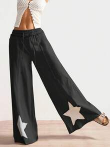 Bohemela 乡村复古风格拼色星星图案宽松阔腿女裤 - 黑色 - 查看 5