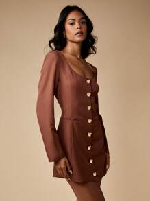 MISSGUIDED Button Front Long Sleeve Mini Dress Square Neck Bodycon Dress Fall Winter Professional Office Wear Blazer Style Tailored Dress Executive Business Attire - Brown - View 6