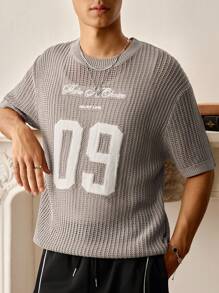 Manfinity VCAY Men's Summer Casual Letter & Number Pattern Hollow Knitted Short Sleeve Top - Khaki - View 6