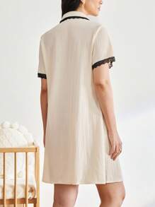 Moonlight&Mama Color-Blocked Lace Trim Lapel Maternity Sleep Dress, Button Front Pajama Dress - Apricot - View 2