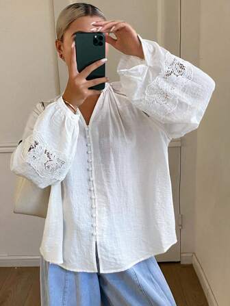 DAZY Women's Casual Loose Solid Color Stand Collar Button Lantern Sleeve Contrast Lace Blouse, Suitable For Vacation In Autumn