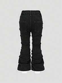 SHEIN Young Girls' Fashionable Black Washed Denim Jeans, Ruched Flare Leg Skinny Fit, Stretchy & Comfortable Fabric, Decorated With White Bow & Pearl, Stylish For Cool Girls Fall Winter - Black - View 2