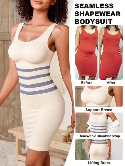SHEIN 1pc Seamless High Waist Shapewear Slip Dress With Adjustable Shoulder Straps For Women