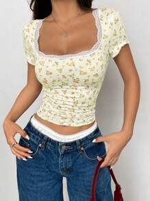 Flirla Women Contrast Lace Cute Bowknot Decor Short Sleeve Simple T-Shirt, Casual Daily Wear Graphic Tees Women Tops