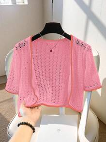 Chiquease Women Contrast Trim Hollow-Out Knit Lightweight Cardigan - Pink - View 7