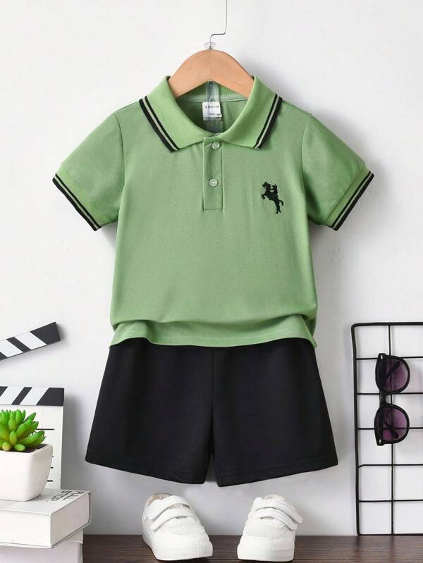 SHEIN Young Boy's Casual Contrast Trim Embroidered Detail Polo Shirt, Back To School Season