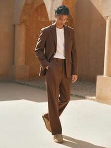 Manfinity BRENVOR 男士两件套秋冬绅士休闲西装套装，现代棕色调商务风格，复古风 - 咖啡棕 - 查看 1