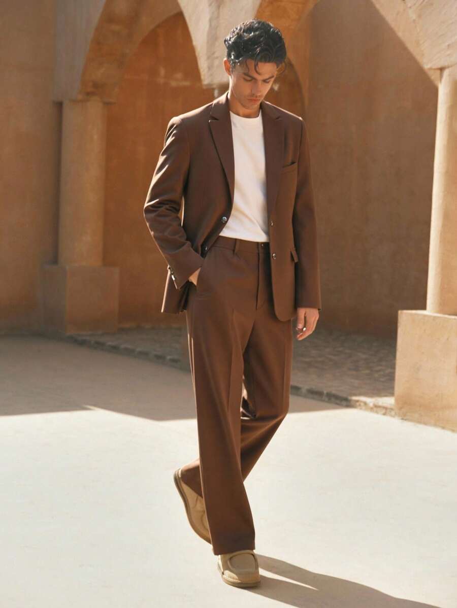 Manfinity BRENVOR 男士两件套秋冬绅士休闲西装套装，现代棕色调商务风格，复古风 - 咖啡棕 - 查看 1
