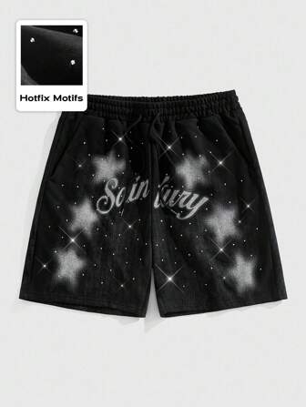 Street Life Men's Loose Drawstring Waist Star Rhinestone Decoration Shorts