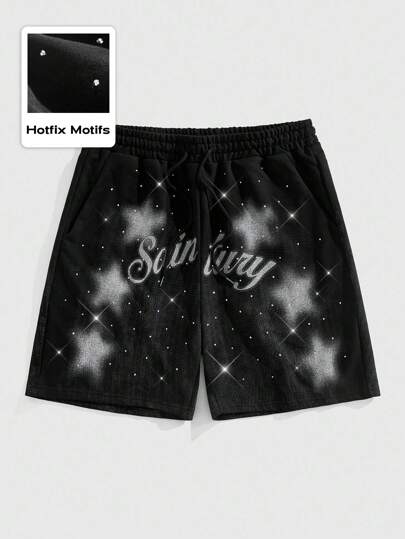 Street Life Men's Loose Drawstring Waist Star Rhinestone Decoration Shorts