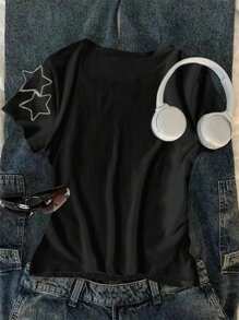 Crop Short Sleeve Girls T-Shirt With Numeric Print, Street Style And Versatile, Suitable For Summer 98 Tshirt Summer Holiday - Black - View 2