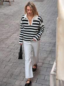 EURMUSE 女士条纹 Polo 领落肩套头衫 - 黑與白 - 查看 5