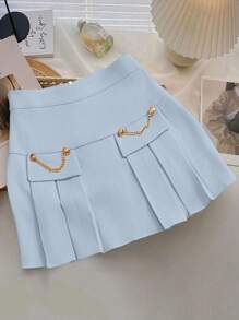 GlowEve 优雅褶饰链条迷你裙 - 淺藍色 - 查看 1