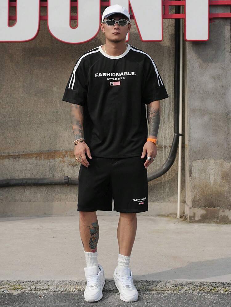 Men's Letter Print Color Block Tape Accent Black T-Shirt Set For Summer