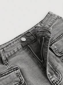 SHEIN MOD 女式夏季休闲街头时尚翻领口袋牛仔工装迷你裙 - 灰色 - 查看 3