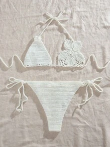 SHEIN Bộ bikini thắt nút hở lưng màu trơn cho nữ - trắng - Xem 2