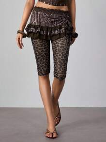 ROMWE Grunge Punk Quần Capri 2 trong 1 họa tiết da báo có dây rút dành cho nữ - màu nâu - Xem 1