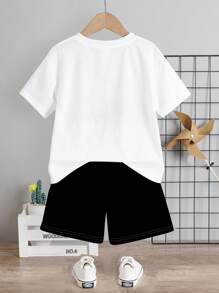 SHEIN Leap Crew Baby Boy Casual Letter Smile Face Print Short Sleeve T-Shirt And Shorts Set, Suitable For Spring And Summer - Multicolor - View 4