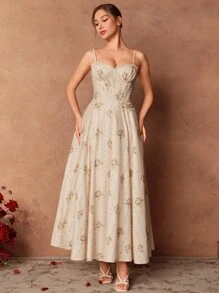 Savoree Women Vintage Floral Elegant Sleeveless A-Line Dress, Resort Vacation Party Dress For Spring/Summer - Apricot - View 3