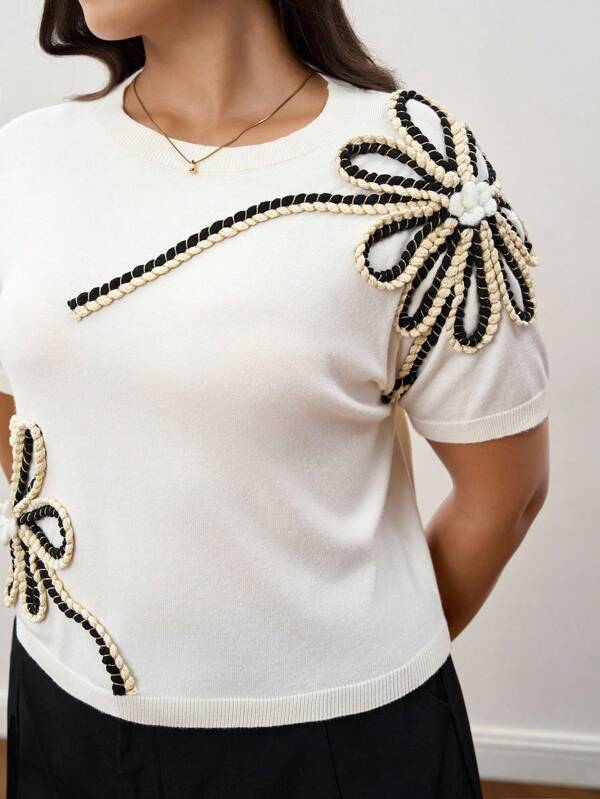 Chikora Plus Size Floral Print Short Sleeve Knit Top