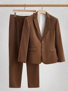 Manfinity BRENVOR 男士两件套秋冬绅士休闲西装套装，现代棕色调商务风格，复古风 - 咖啡棕 - 查看 2