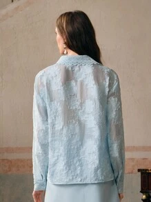 Anewsta Áo cánh tay dài hở vai, cổ khoét sâu, đính ren pha lê Jacquard có họa tiết - Màu xanh lam - Xem 2