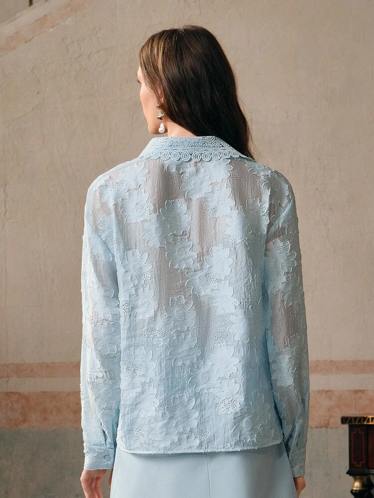 Textured Jacquard Rhinestone Lace Hollow Collar Drop Shoulder Long Sleeve Blouse
