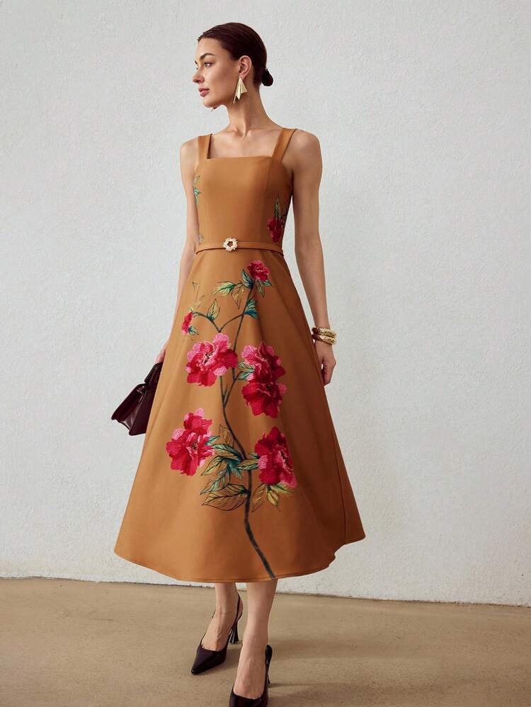 FLORAL PRINT BELTED DRESS