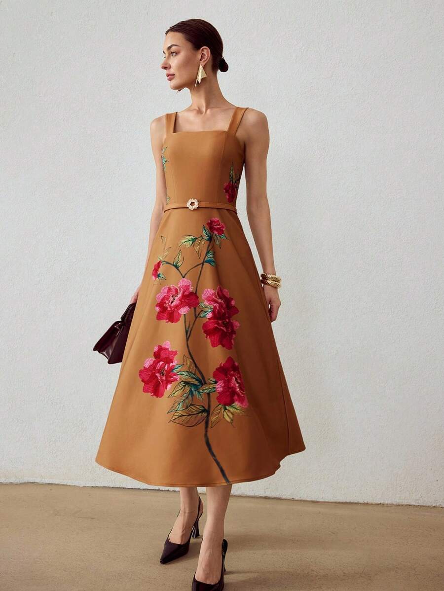 MOTF PREMIUM FLORAL PRINT BELTED DRESS