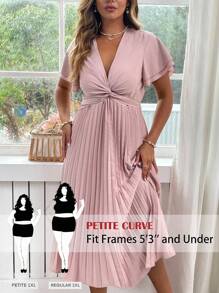 SHEIN PETITE Plus Size Women Woven Solid V-Neck Short Sleeve Lace-Up Tie Waist Pleated Hem Long Dress, Elegant & Romantic