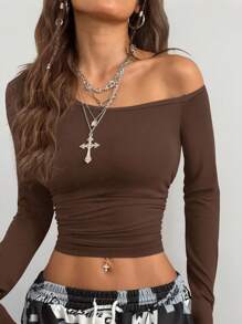 Coolane Prendas esenciales para el uso diario de niñas en otoño/invierno, top de punto con mangas largas, cuello asimétrico, cómodo y elástico
