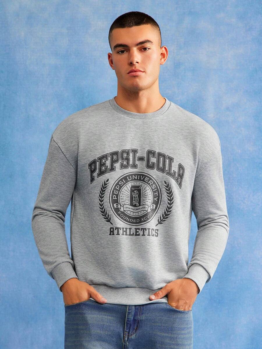 PEPSI X SHEIN 男士休闲日常字母图案圆领运动衫 - 灰色 - 查看 1