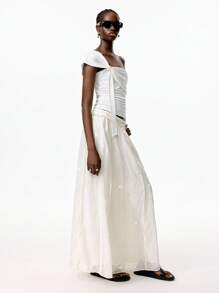 LYSMO 2025 Women's White Beige Elastic Waist Shimmer Sequin Pencil Stripe A-Line Long Skirt,Autumn Boho Beach Holiday Casual Party Leisure Vacation Skirt - Beige - View 7