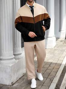 Manfinity Homme Plus Size Men's Long Sleeve Casual Patchwork Jacket, Comfortable Jacket For Autumn & Winter - Multicolor - View 4