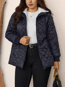 Zelara Abrigo acolchado de polar con estampado de diamante azul marino para mujer de talla grande, chaqueta y parka de invierno gruesa, chaqueta con capucha y cremallera completa acolchada y resistente al agua, chaqueta de invierno de manga larga resistente al viento y al agua, con bolsillos, ropa de moda para mujer de talla grande, abrigo de borreguillo de polar largo y cálido para el invierno