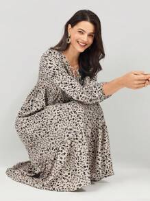 Miaspire 女式拼布碎花领口荷叶边下摆连衣裙 - 彩色 - 查看 6