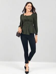 Miaspire 女士纯色方领泡泡袖不对称下摆优雅衬衫，绿色秋季衬衫，长袖上衣