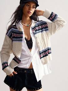 Bohemela 费尔岛针织复古纽扣宽松开衫 - 杏色 - 查看 7