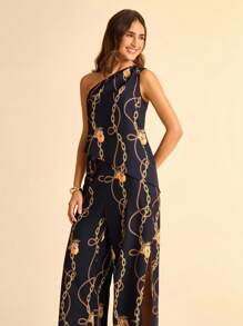 CAJUNI Women's Boho Vacation Casual Tropical Lemon & Golden Chain Print, Asymmetric Black Asymmetrical Neck Blouse - Multicolor - View 6